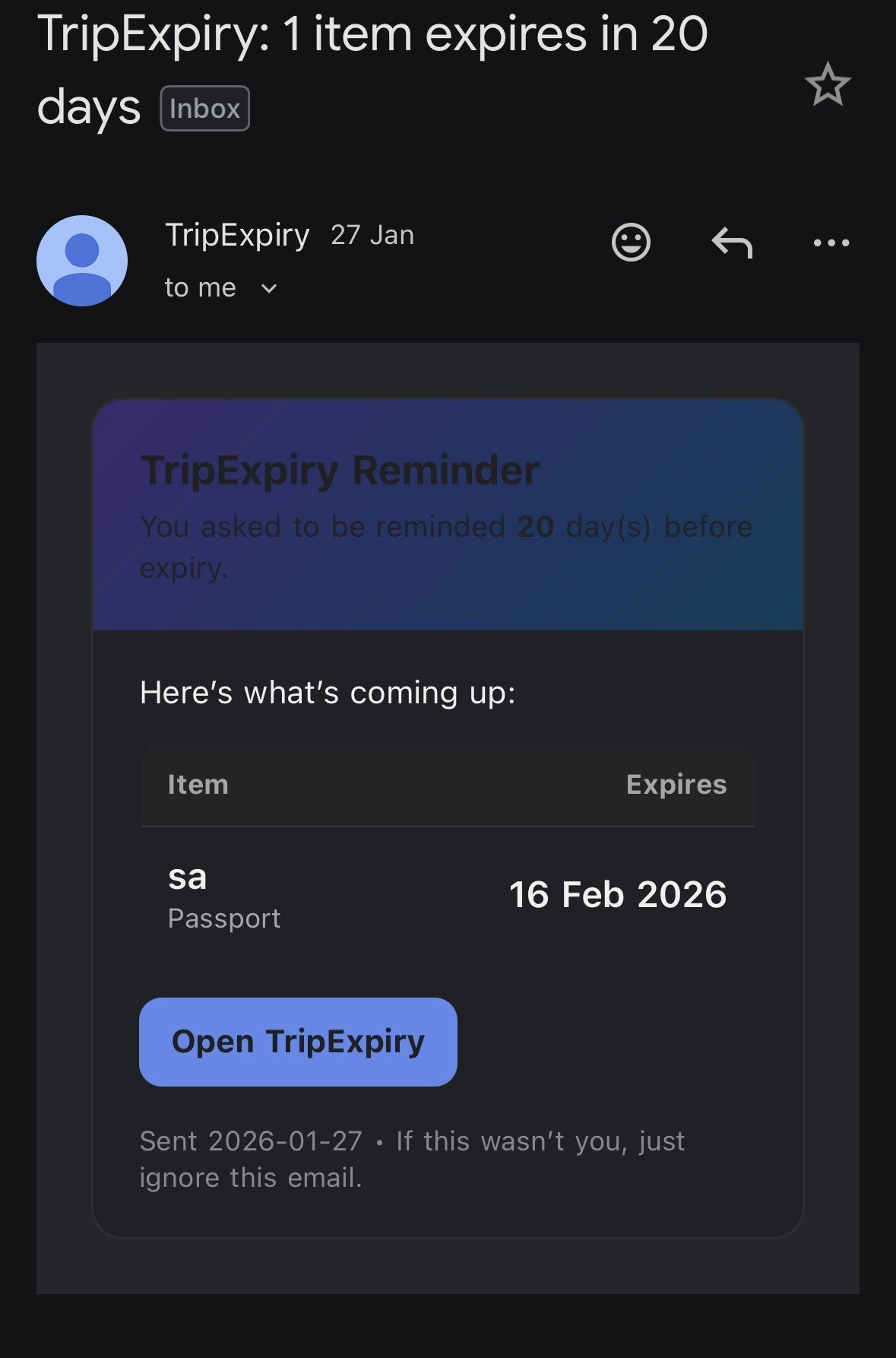 TripExpiry - Screenshot 3 showing product features and functionality