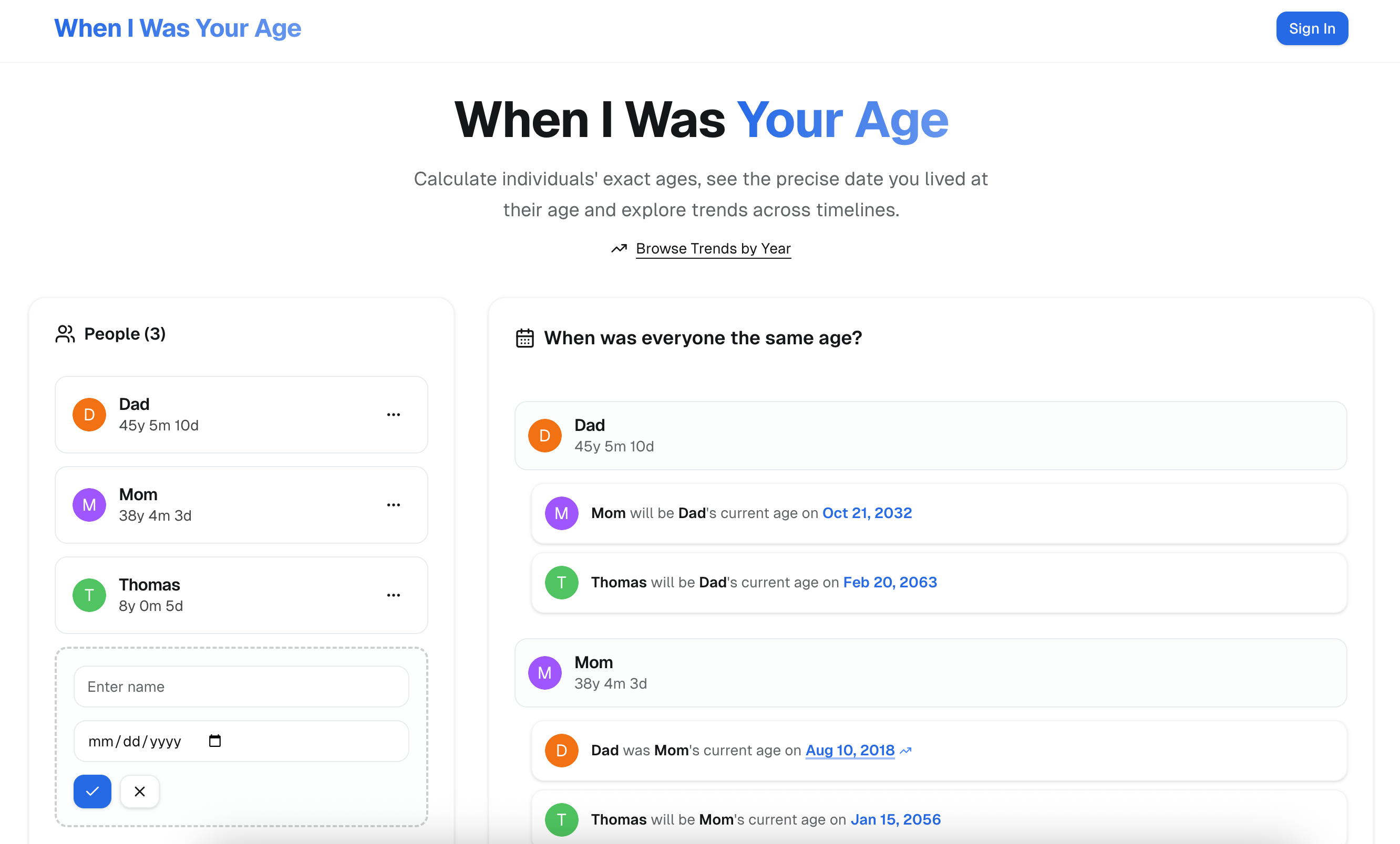 WhenIWasYourAge.app - बहु-व्यक्ति आयु कैलकुलेटर और समयरेखा तुलना मीडिया 1