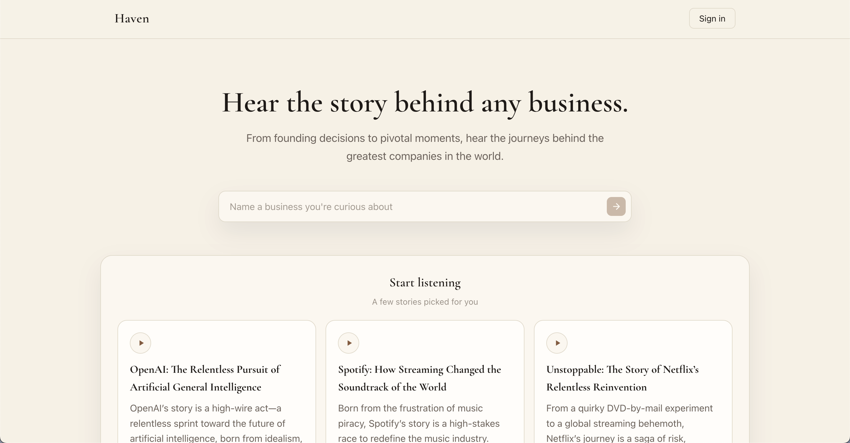 Haven: learn about any business - Main product screenshot demonstrating key features and user interface