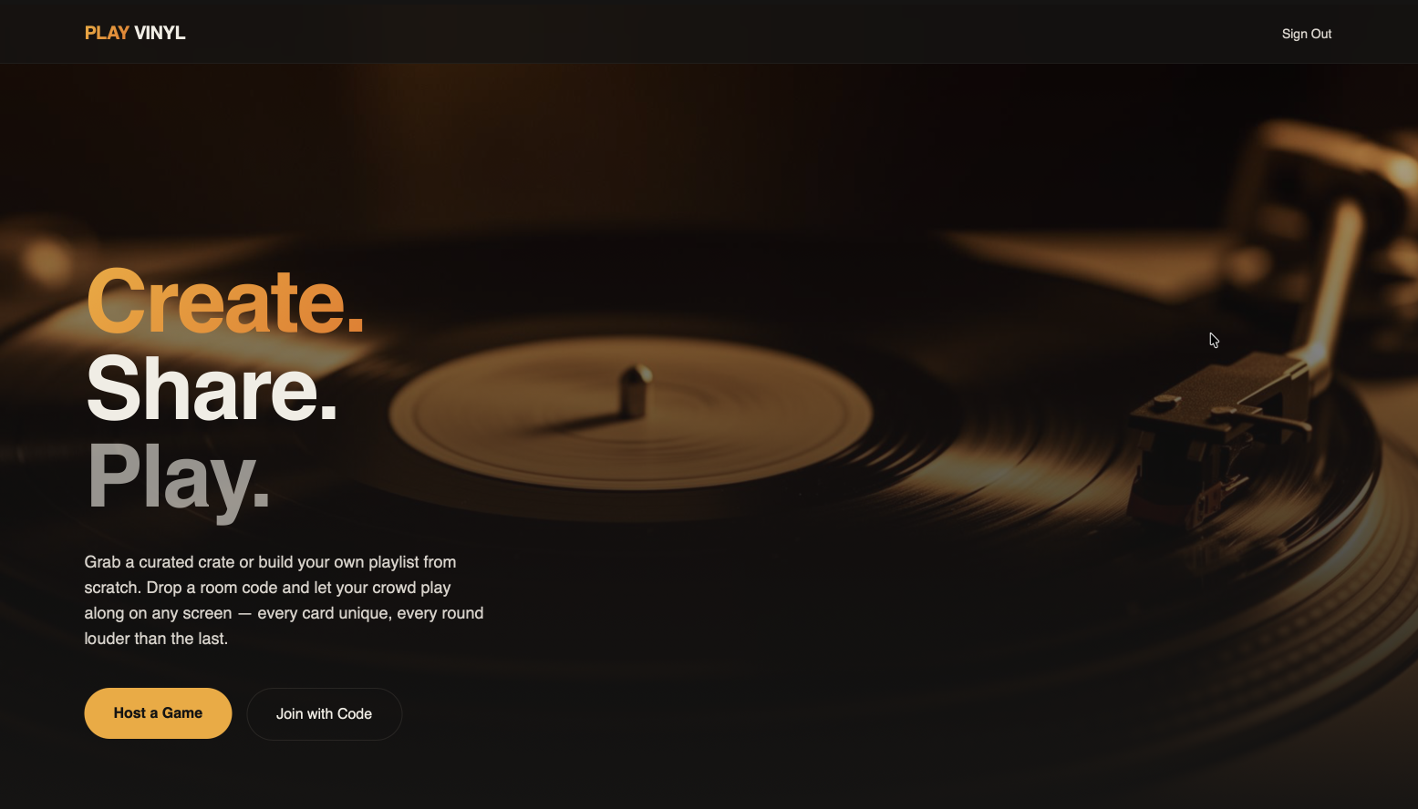 PLAY VINYL — Music Bingo, Live. - Main product screenshot demonstrating key features and user interface