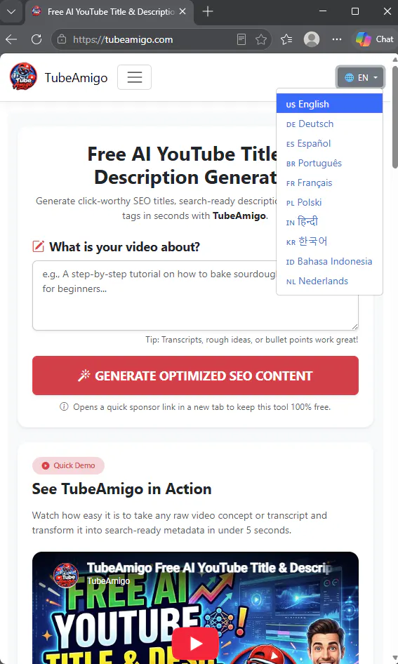 TubeAmigo: Free AI YouTube SEO Generator gallery image