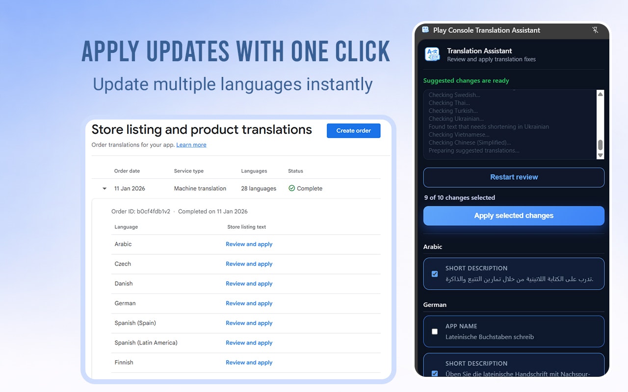 Play Console Translation Assistant - Screenshot 4 showing product features and functionality