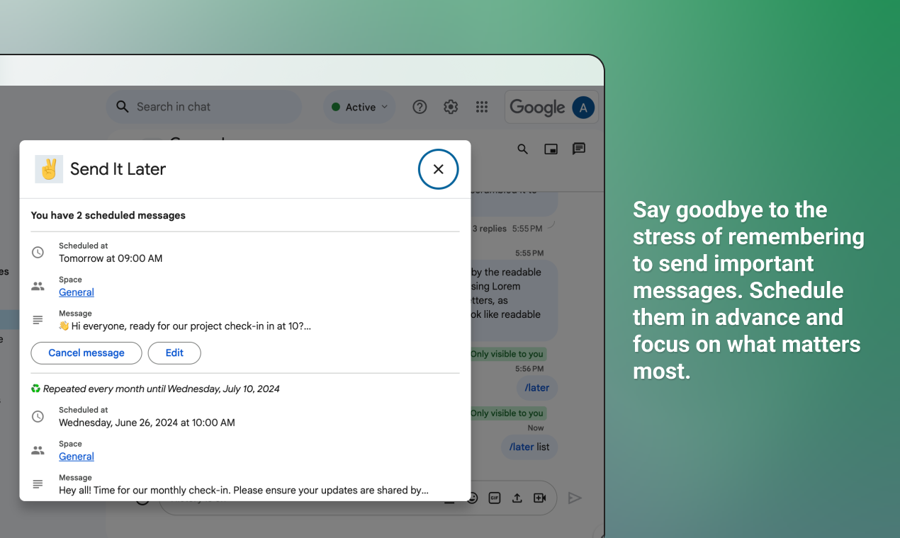 Mídia 3 de Envie -o mais tarde para o Google Chat - Agende mensagens de bate -papo a serem enviadas posteriormente