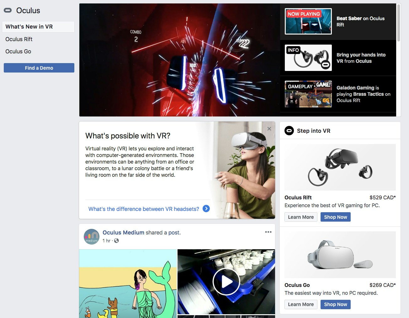 Facebook adds an Oculus page