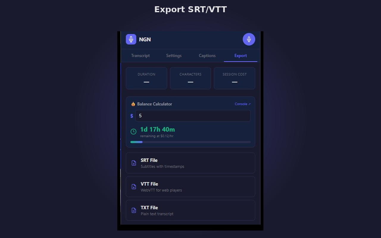 NGN – AI Audio Transcription - Main product screenshot demonstrating key features and user interface