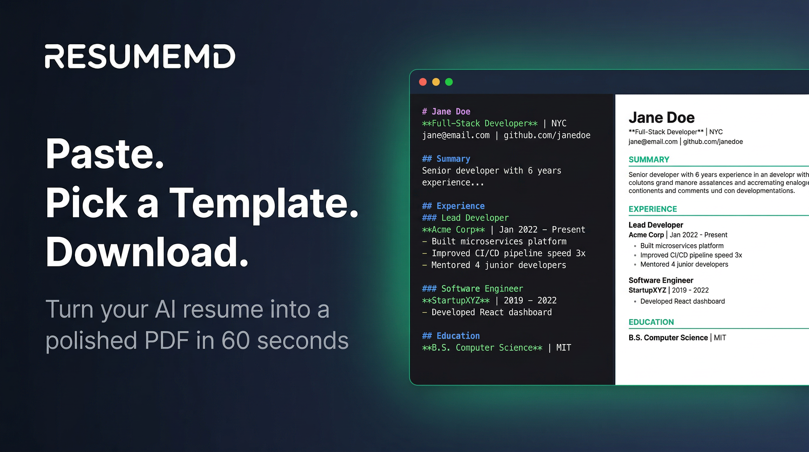 ResumeMD - Main product screenshot demonstrating key features and user interface