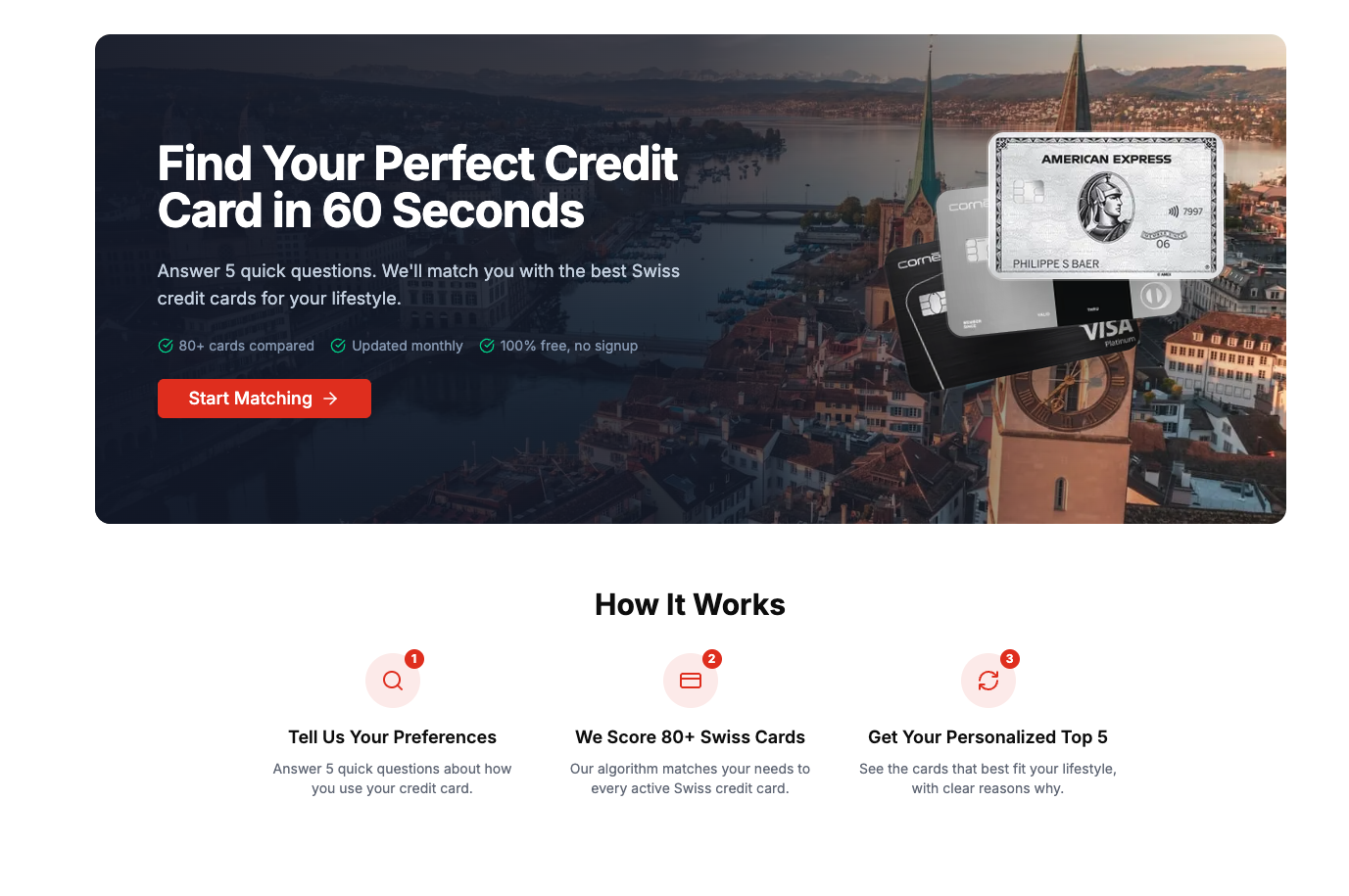 Swiss Credit Card Match - Main product screenshot demonstrating key features and user interface