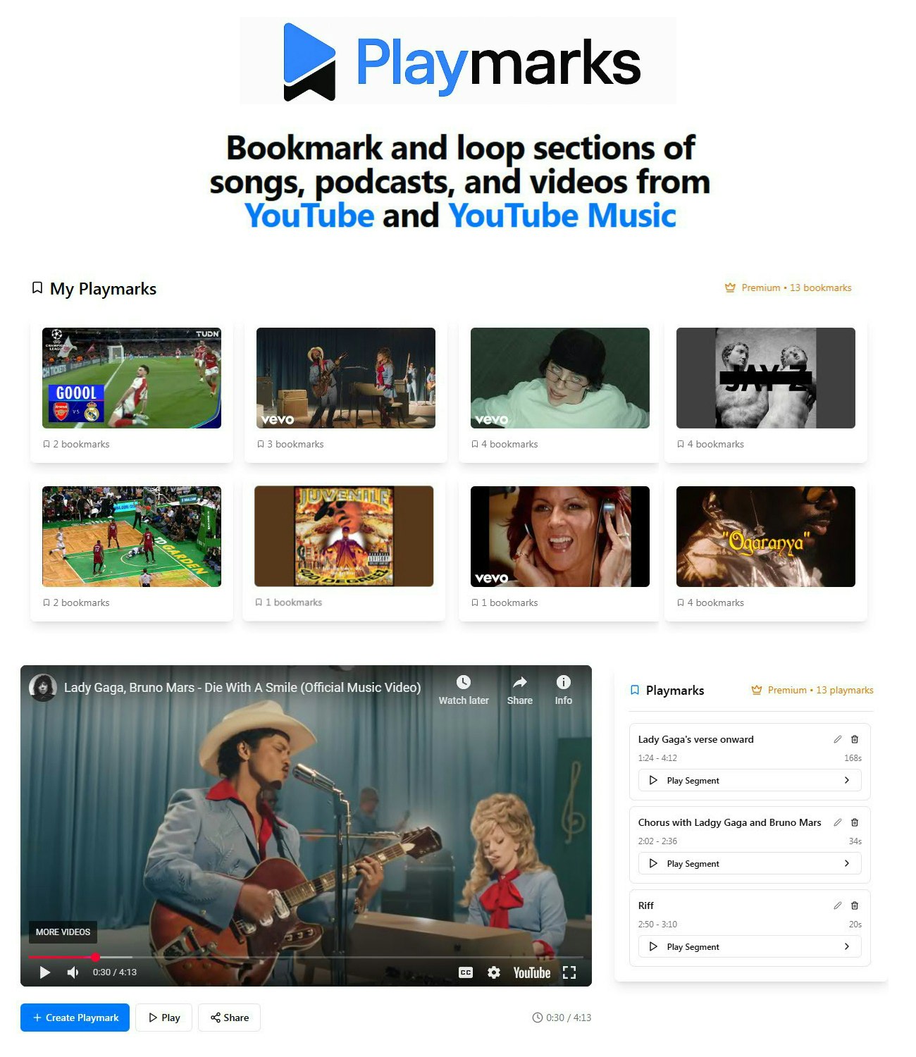 Playmarks - Bookmark & loop sections of Youtube songs,podcasts & videos media 2