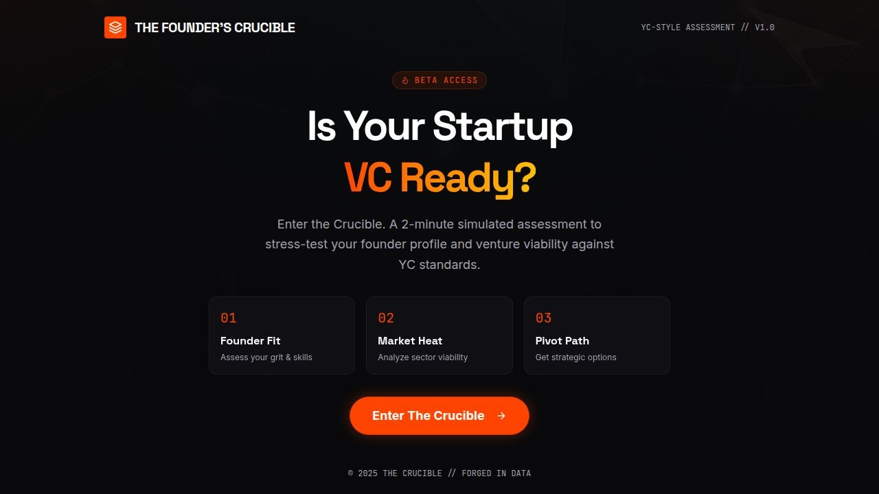 The Founder's Crucible - Main product screenshot demonstrating key features and user interface