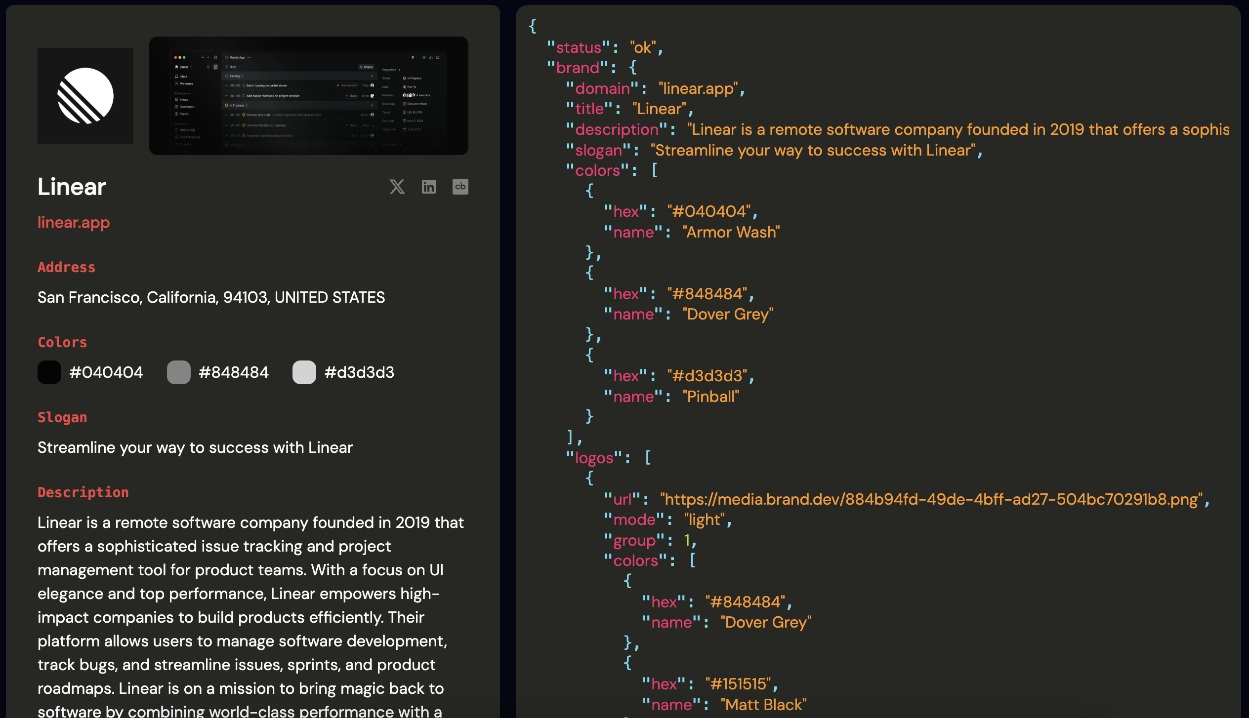Media Brand.dev |API jenama Internet. - Dapatkan logo nama, warna, penerangan, dan banyak lagi dari domain 4