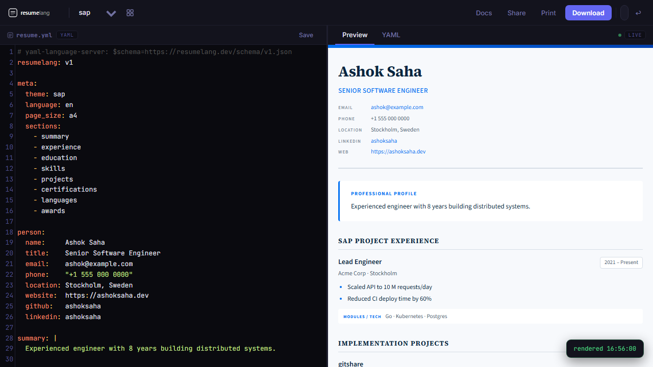 resumelang, one resume.yml, every output gallery image