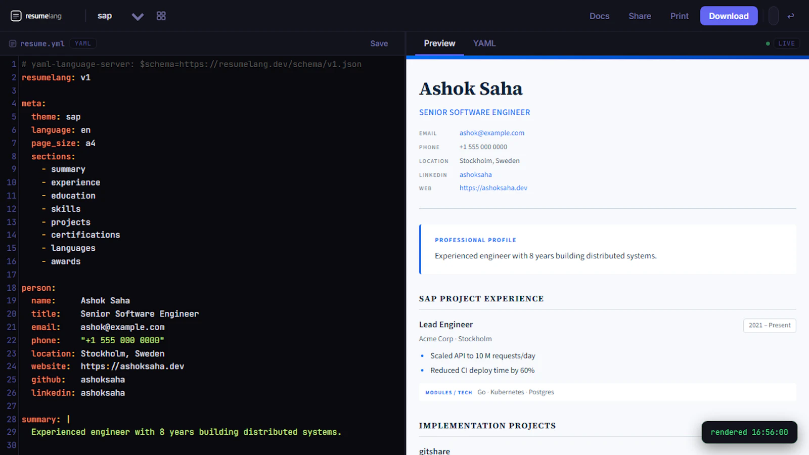 resumelang, one resume.yml, every output screenshot 2