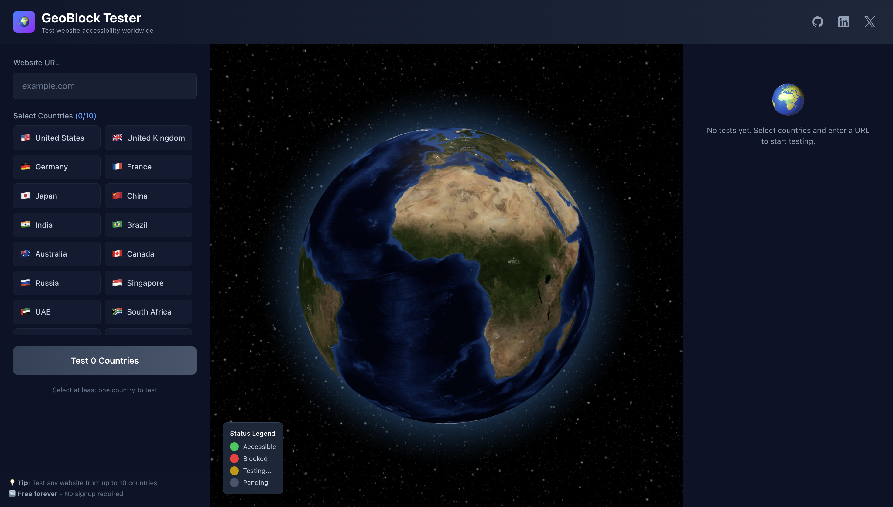 GeoBlock Tester - Main product screenshot demonstrating key features and user interface