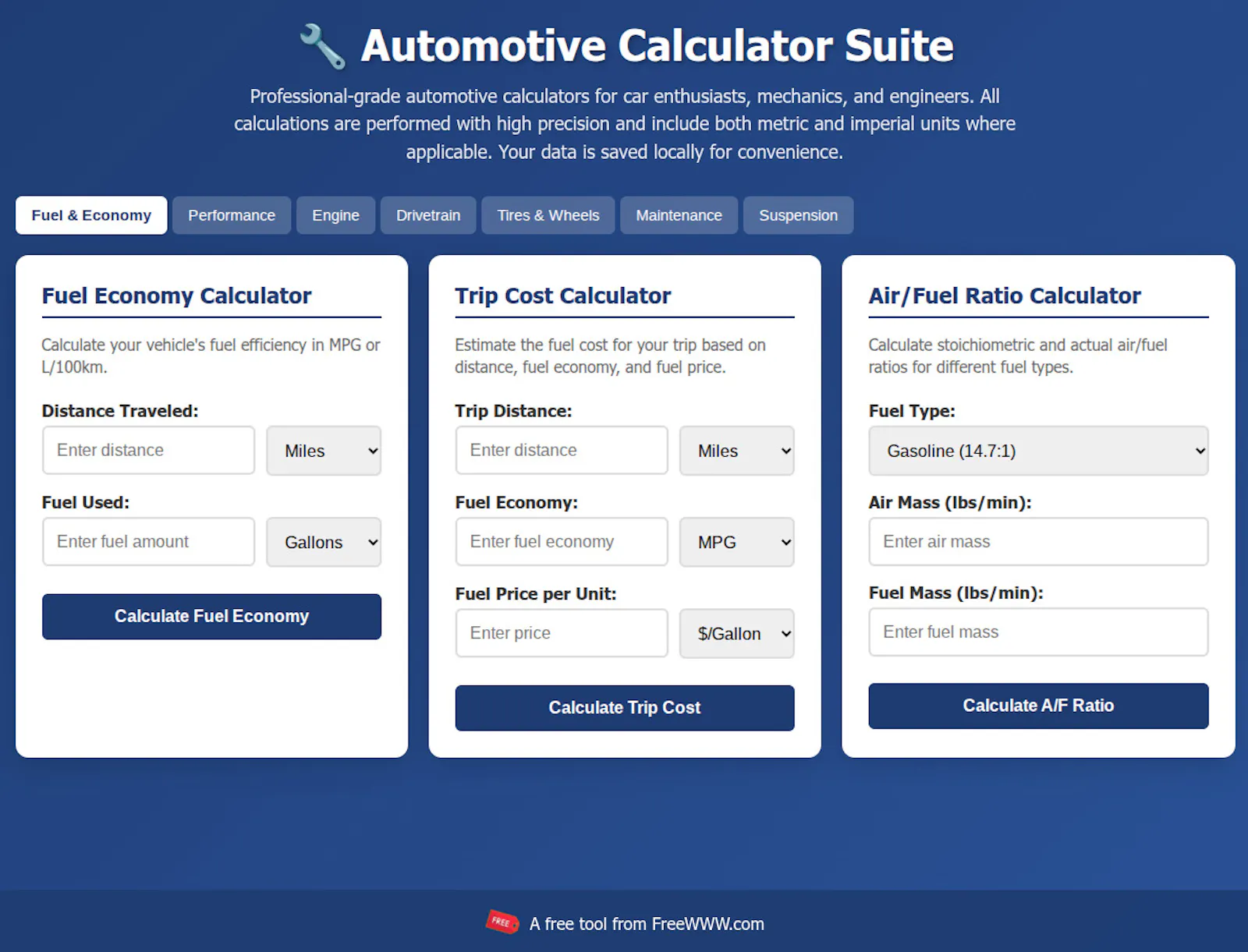 FreeWWW Automotive Calculator Suite screenshot 1