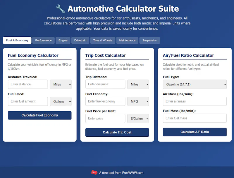 FreeWWW Automotive Calculator Suite screenshot 1