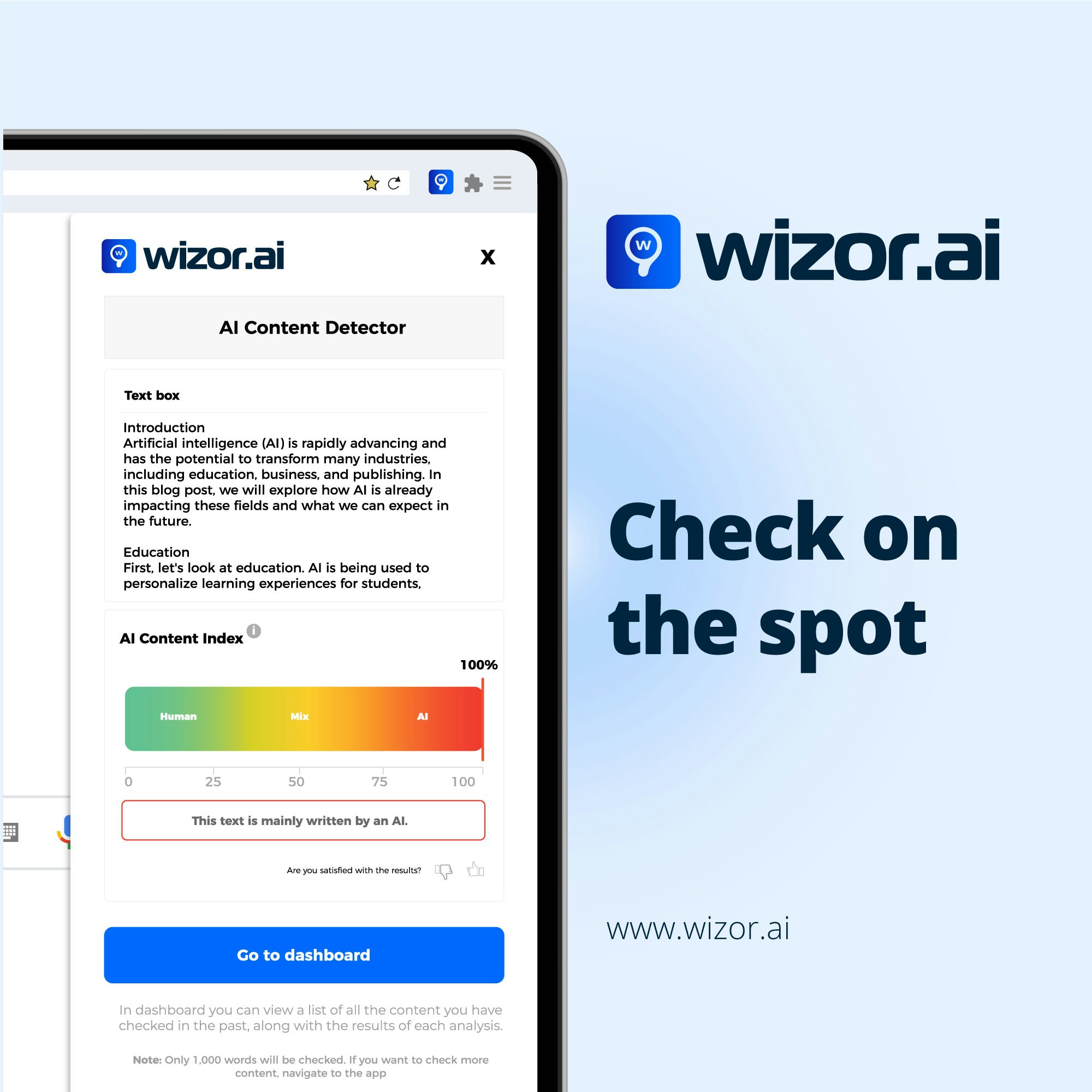 Wizor.ai - AI सामग्री डिटेक्टर एक्सटेंशन - तुरंत सत्यापित करें कि क्या कोई पाठ मानव-लिखित या एआई-जनित है मीडिया 1