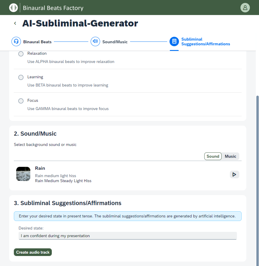 Binaural Beats Factory - AI-aangedreven generatie subliminale/bevestiging audio media 2