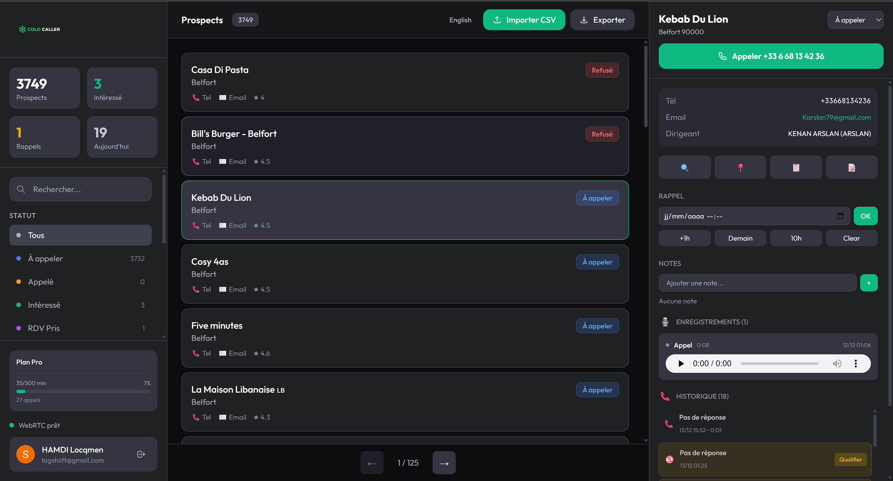 ColdCaller.pro - Main product screenshot demonstrating key features and user interface