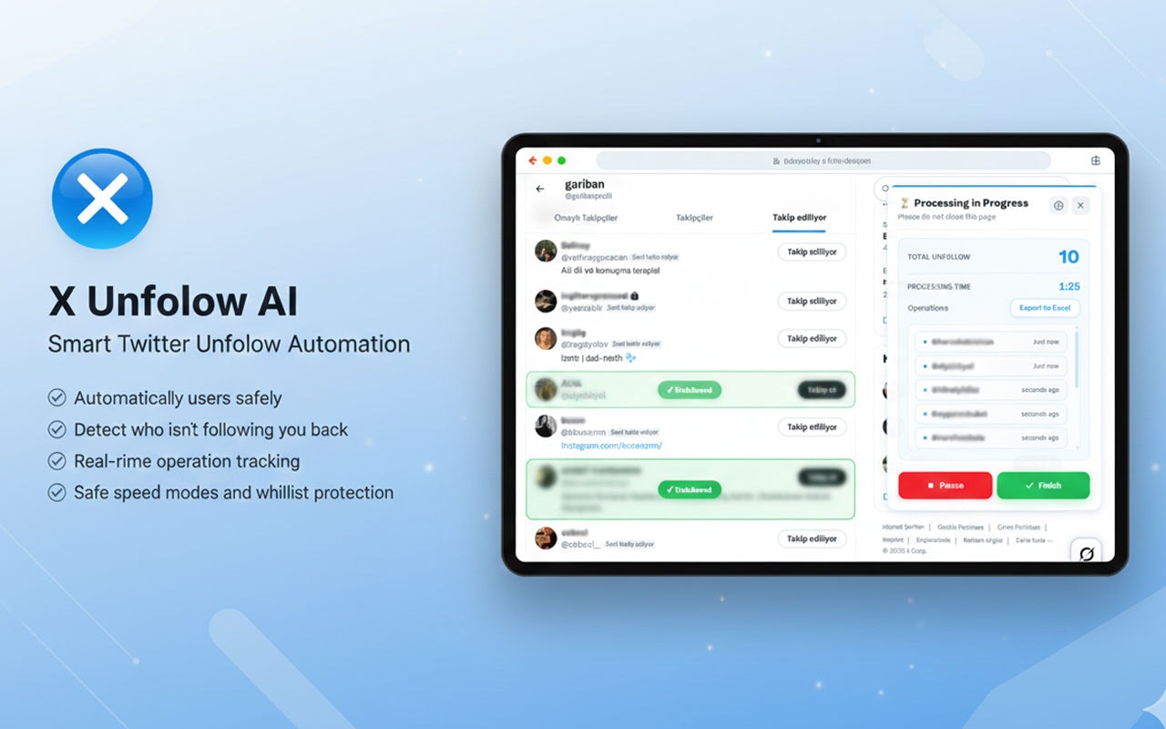 X Unfollow AI – Twitter Unfollow Tool - Main product screenshot demonstrating key features and user interface