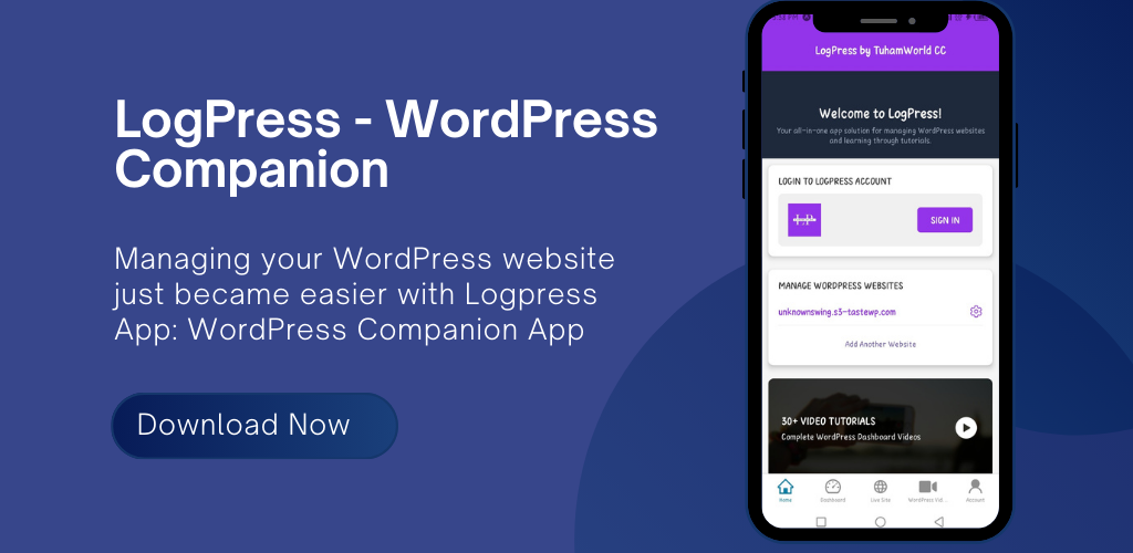 LogPress WordPress Companion - Main screenshot showing features and interface