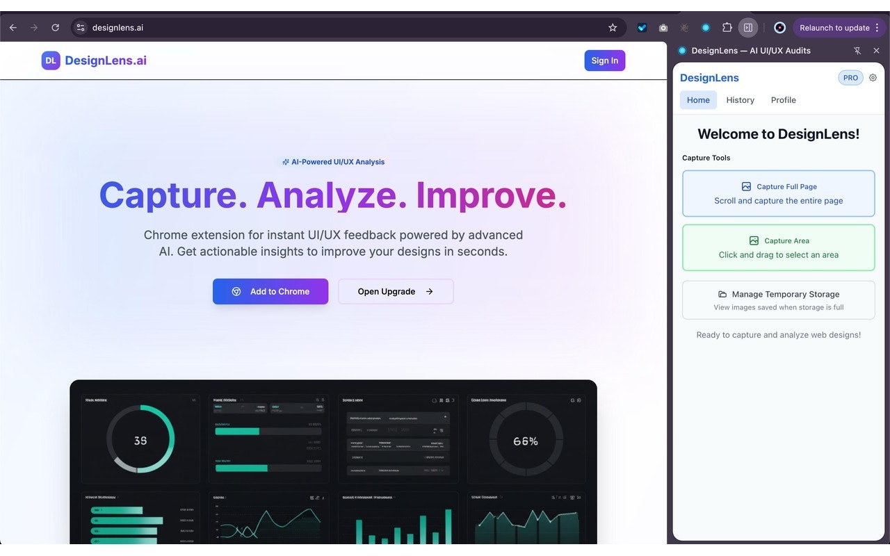 Mídia 2 de DesignLens-Avaliador de UI/UX movido a IA - Capture qualquer página da web, obtenha pontuações instantâneas de feedback e design