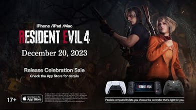 Couverture du jeu Resident Evil 4 - une image sombre et sinistre mettant en scène le logo emblématique et une figure menaçante.