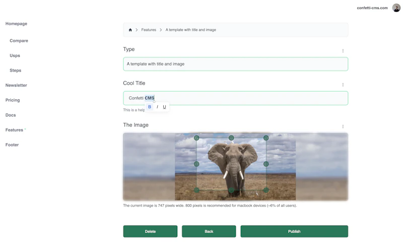 Confetti CMS screenshot 2