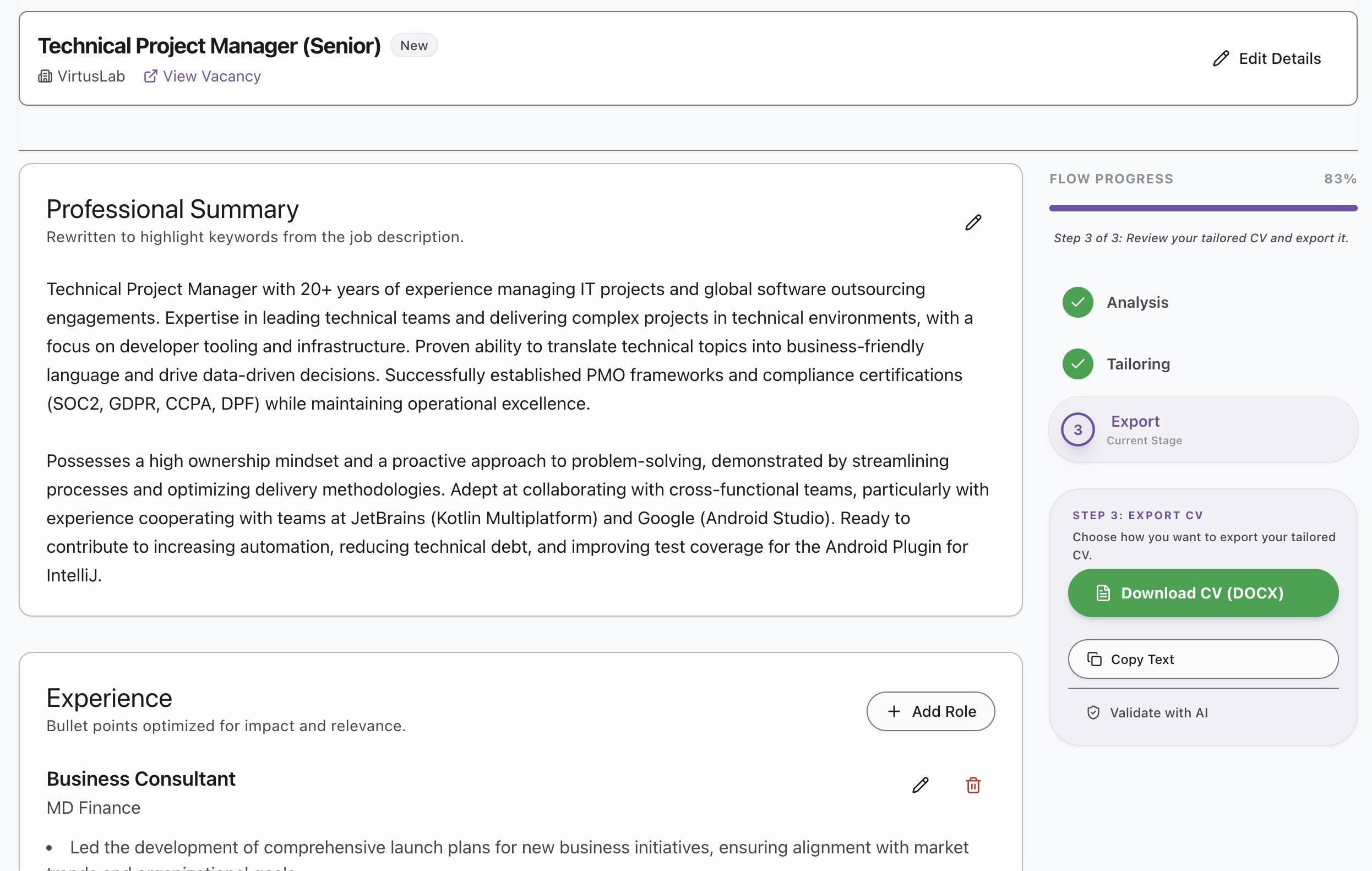 Tailor For CV - Screenshot 5 showing product features and functionality
