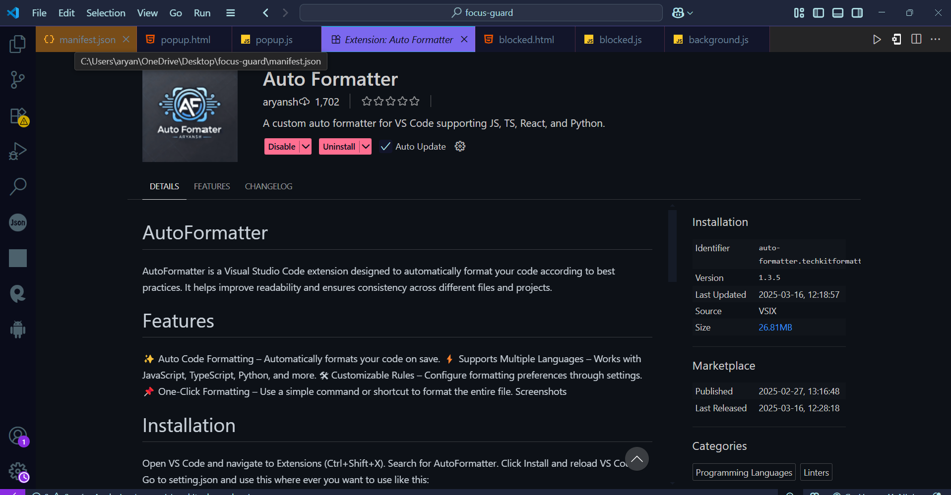 Vs Code Extension AutoFormatter gallery image