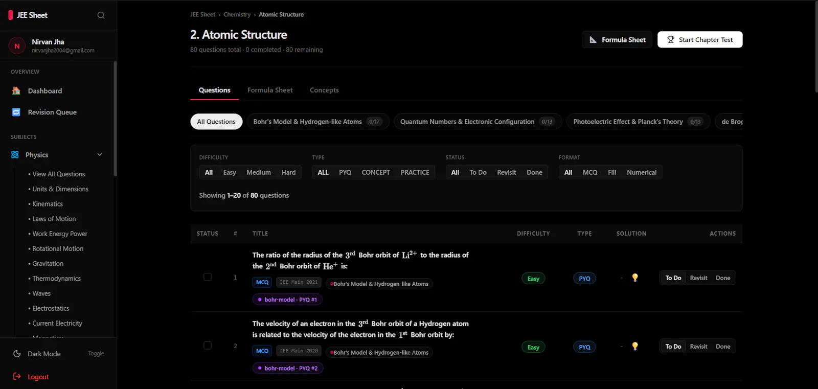 JEEA2Z - Structured JEE Problem Tracker screenshot 2