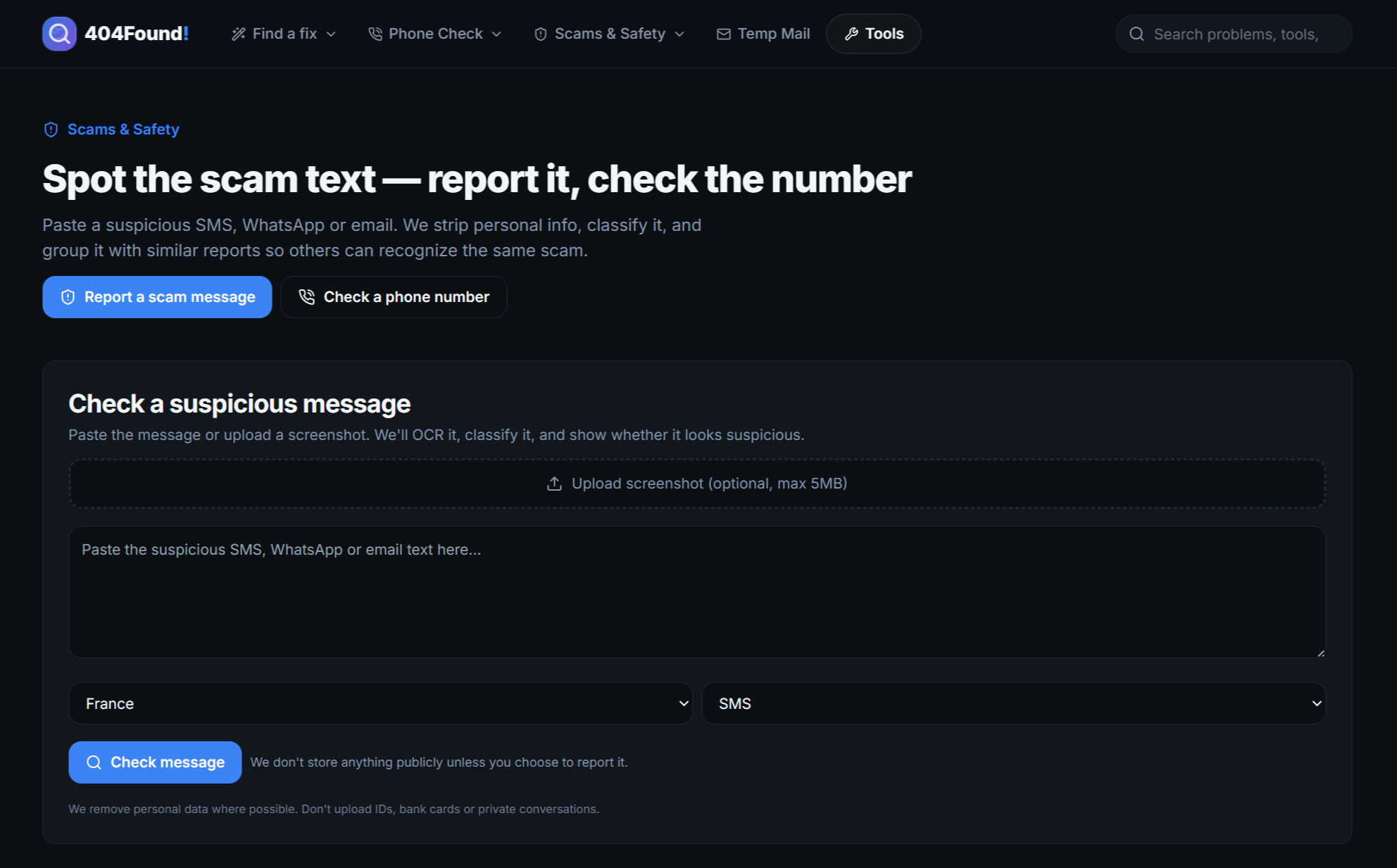404Found Scam Text Checker gallery image