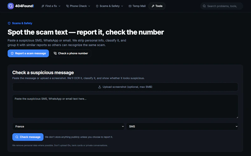 404Found Scam Text Checker screenshot 1