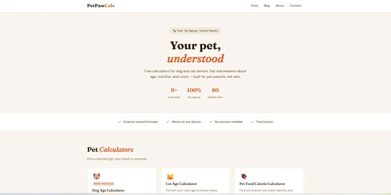 PetPawCalc — 一堆免费宠物计算器,纯长尾 SEO 内容站