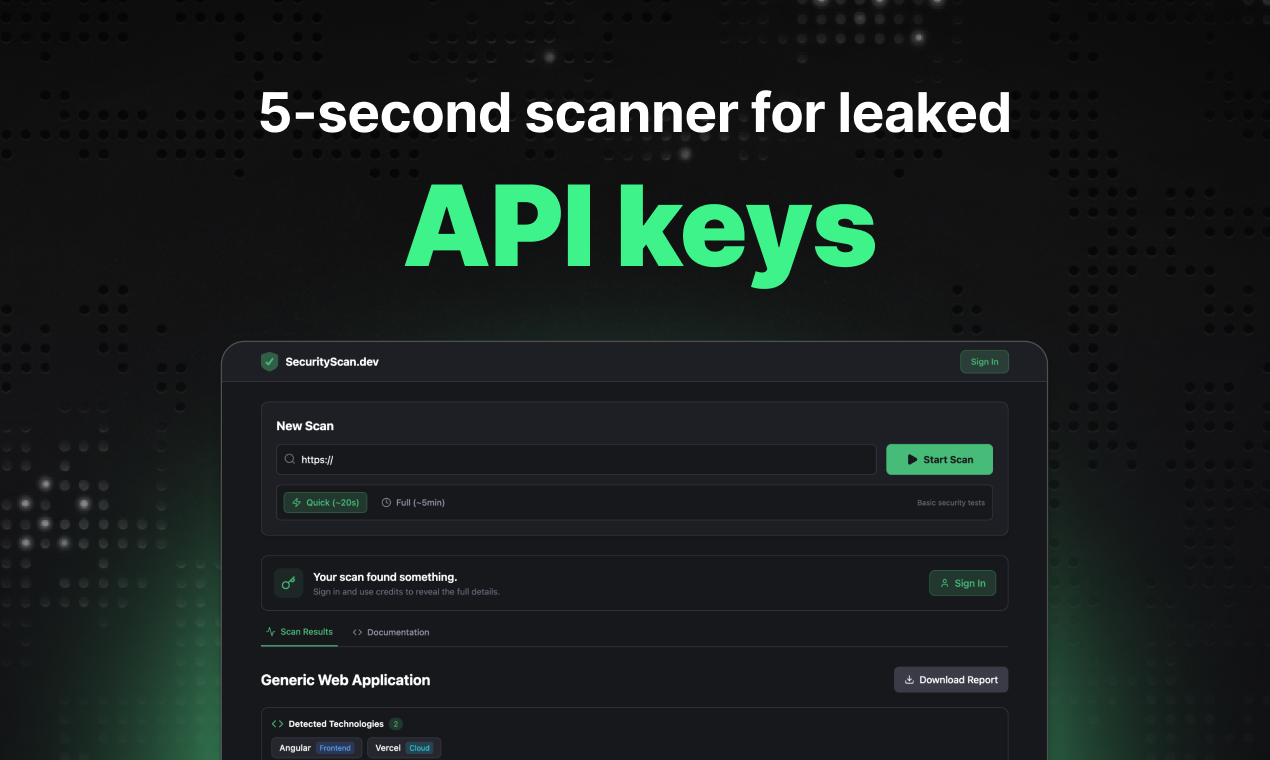 SecurityScan.dev - Main product screenshot demonstrating key features and user interface