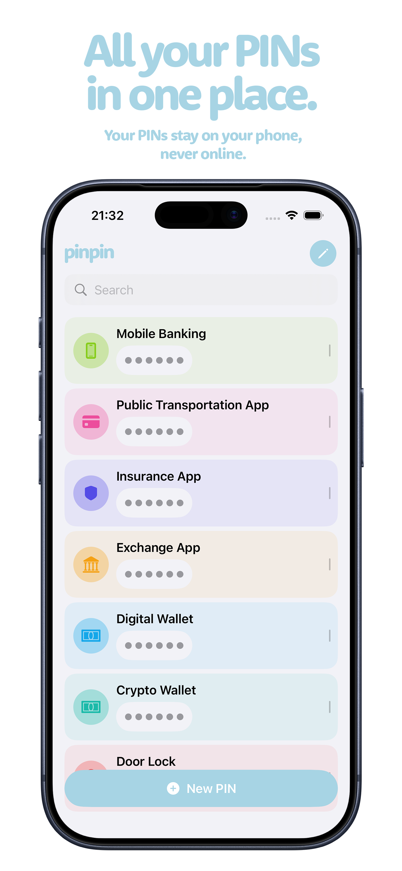 pinpin - simple PIN manager - Main product screenshot demonstrating key features and user interface