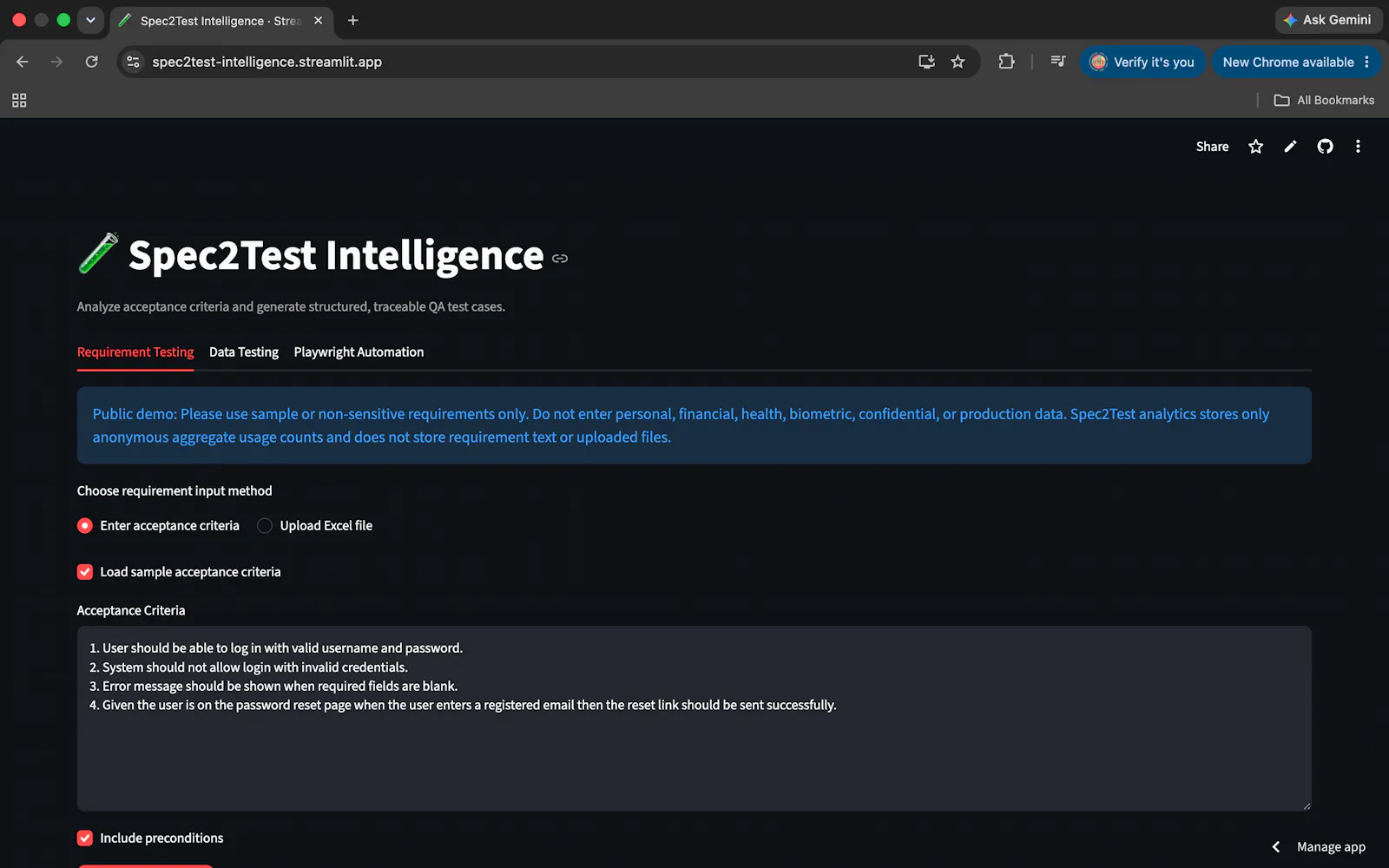 Spec2Test Intelligence screenshot 1