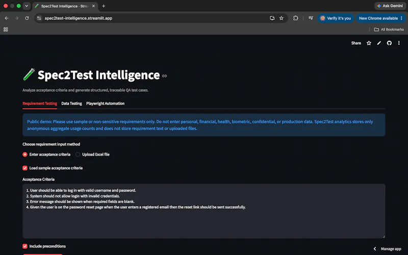 Spec2Test Intelligence screenshot 1