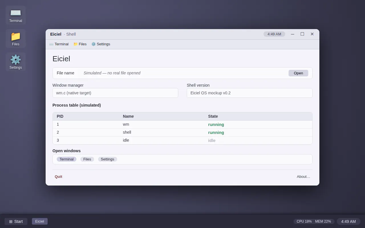 Eiciel OS — an operating system gallery image