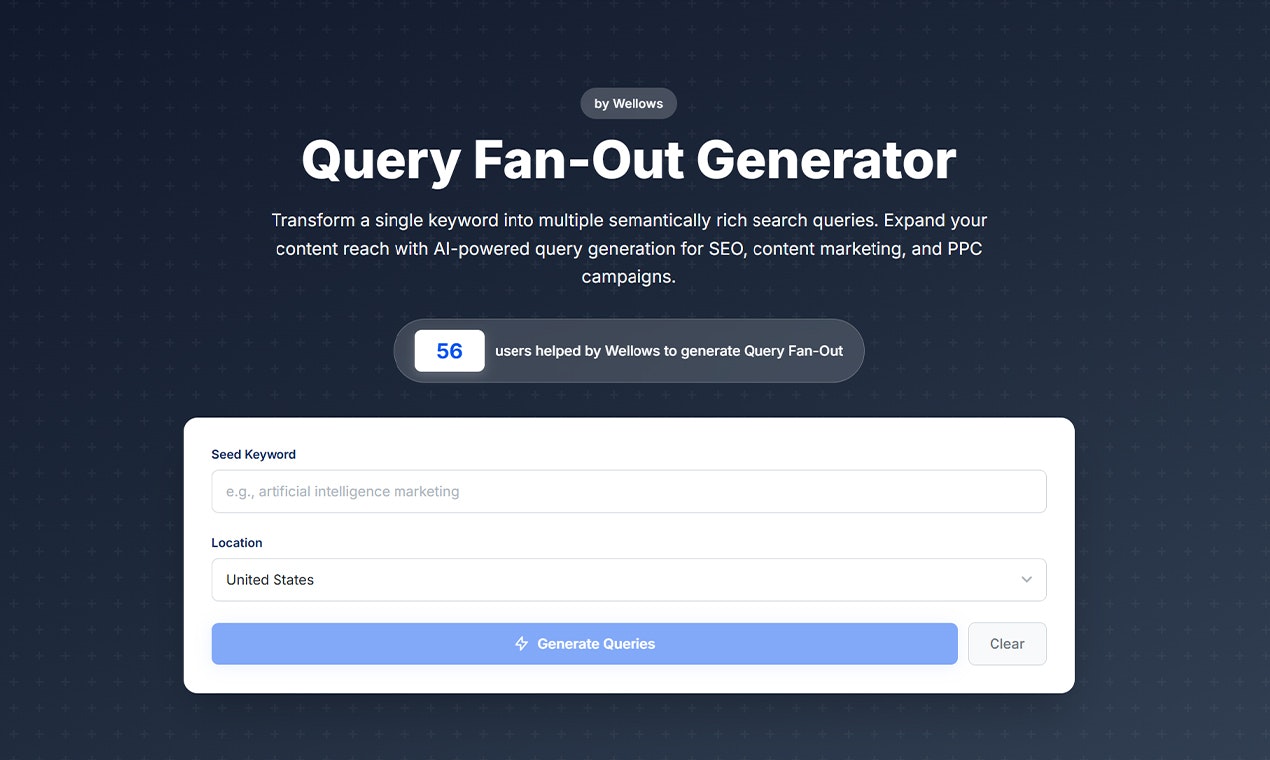 Query Fan-Out Generator by Wellows - Main screenshot showing features and interface