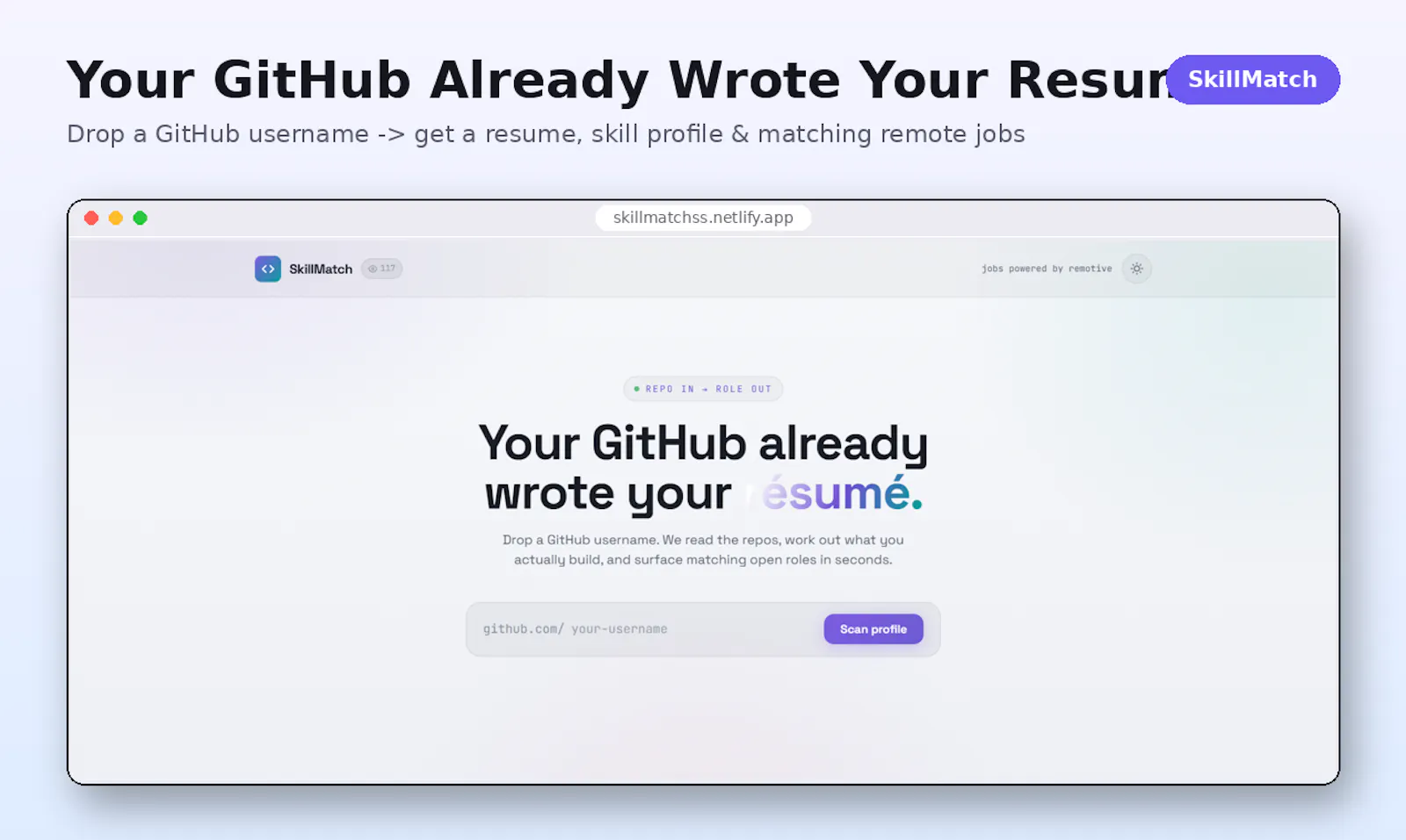 SkillMatch — Find Jobs From Your GitHub screenshot 1