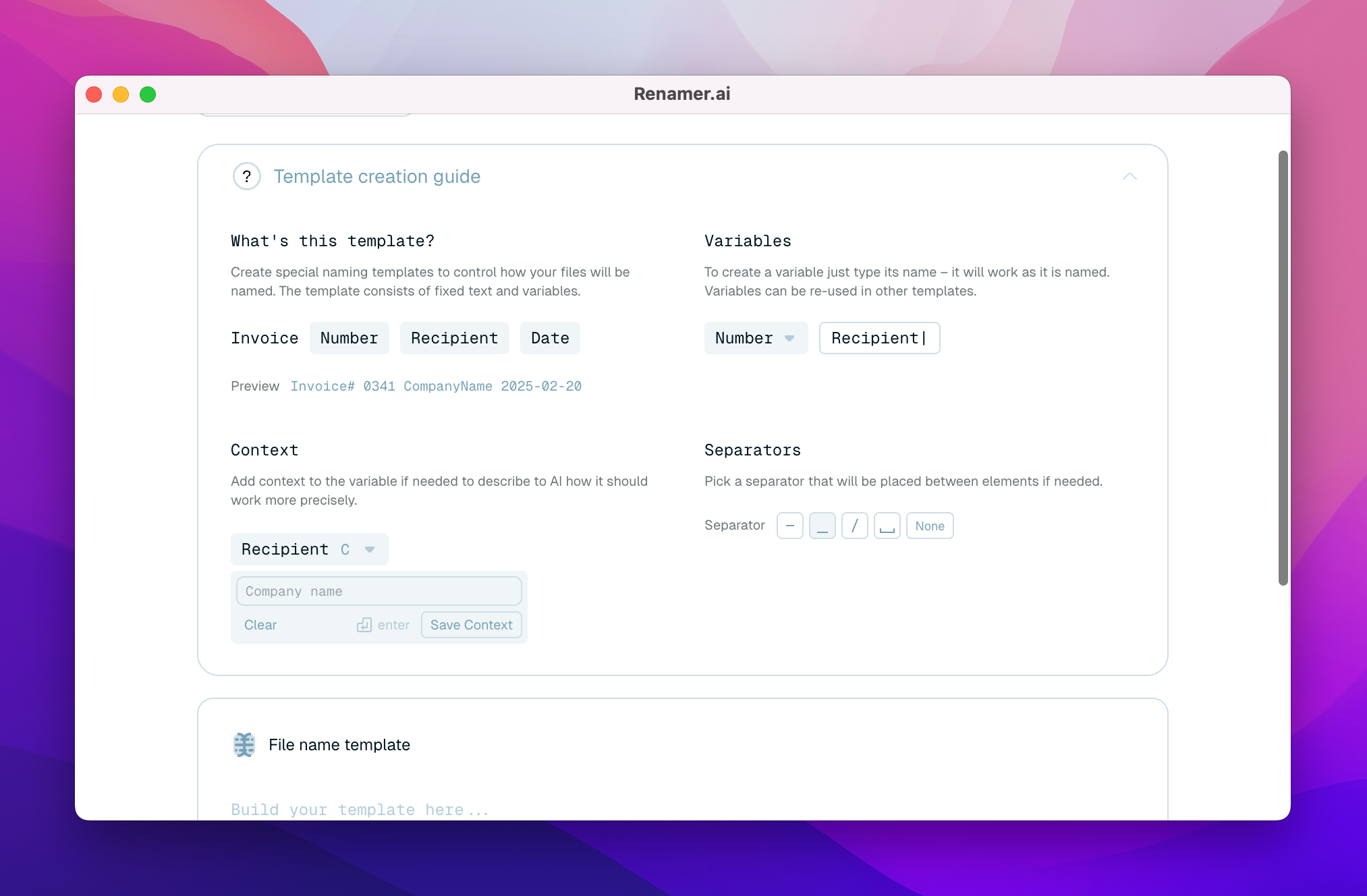 Renamer.ai - Main product screenshot demonstrating key features and user interface