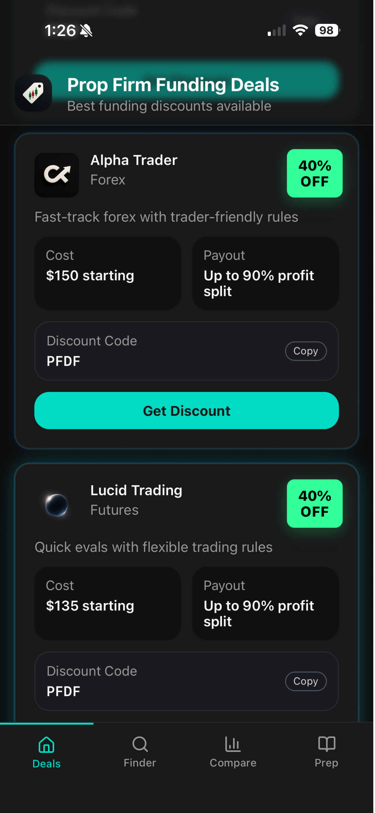 Prop Firm Deal Finder - Screenshot 2 showing product features and functionality