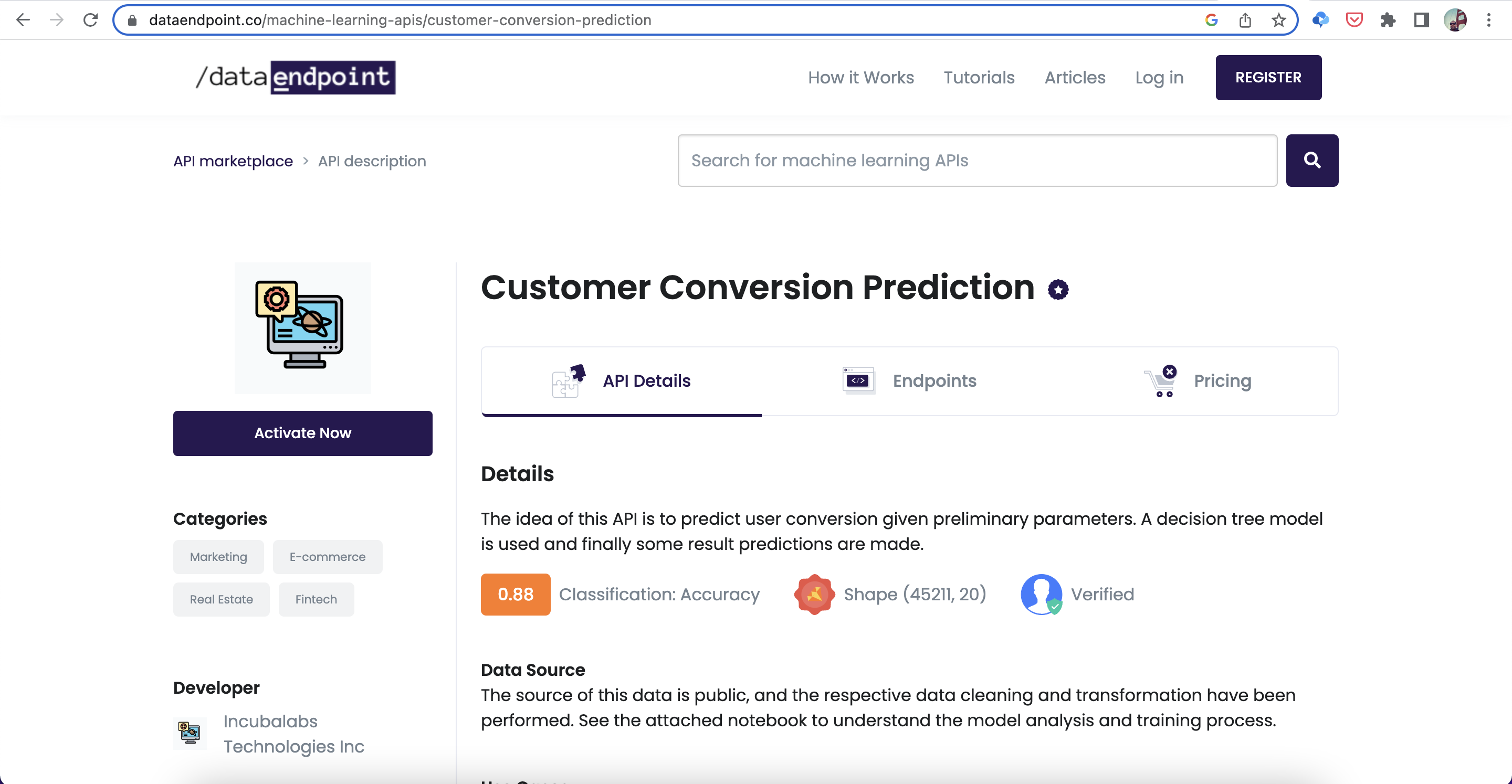 Mídia 3 de DataEndpoint.co - Máquinas de aprendizado de API Marketplace