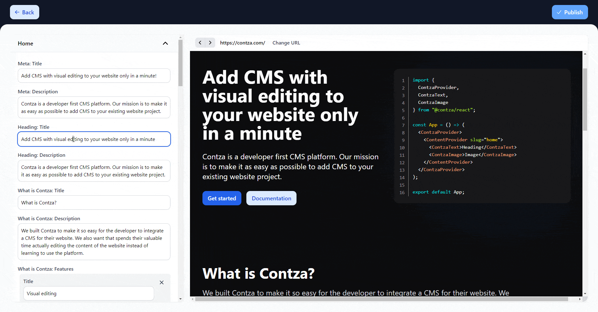 Contza CMS - Добавьте визуальное редактирование на ваш сайт через минуту медиа 1