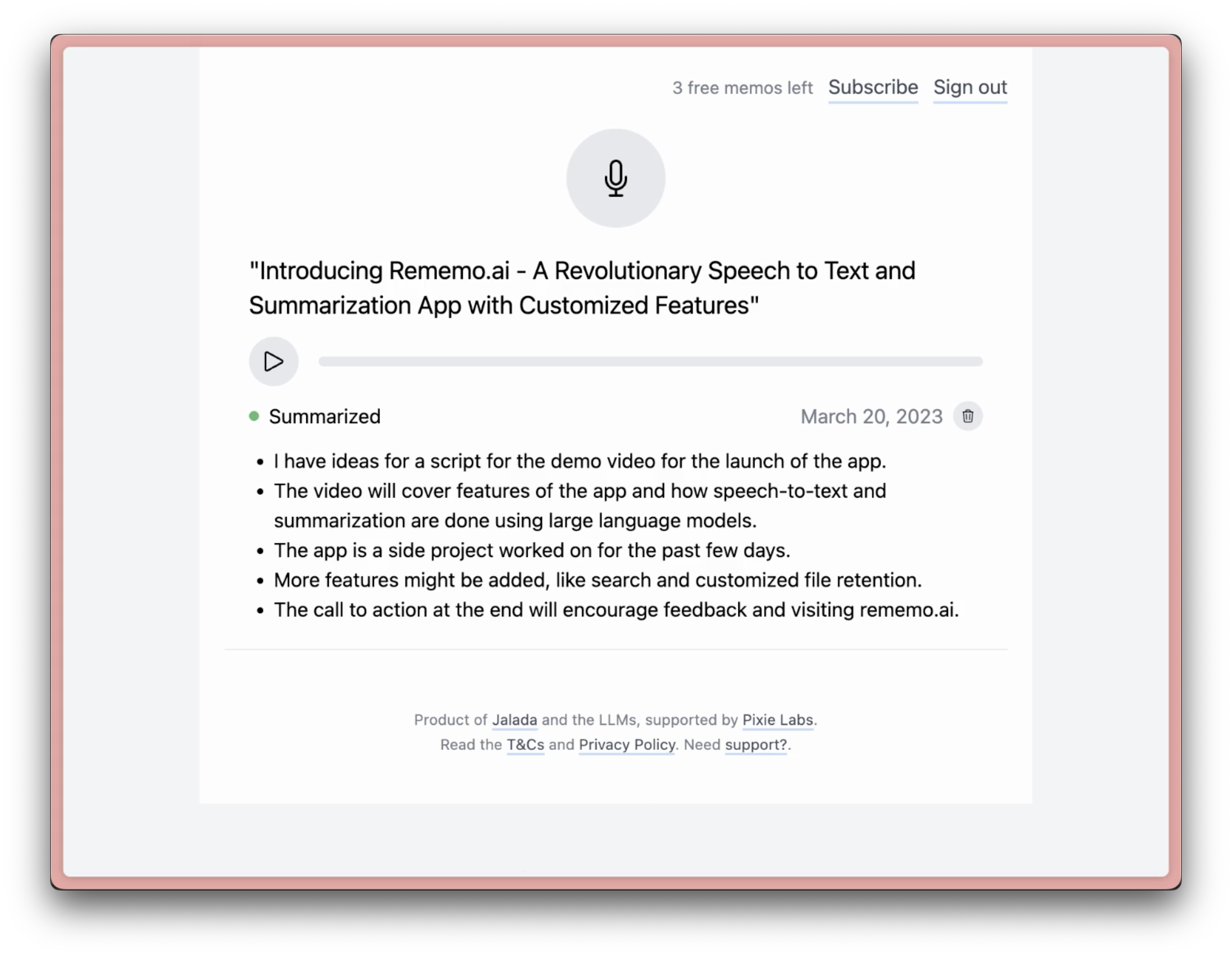 Herinnering - Web -app die spraakmemo's samenvat. media 1