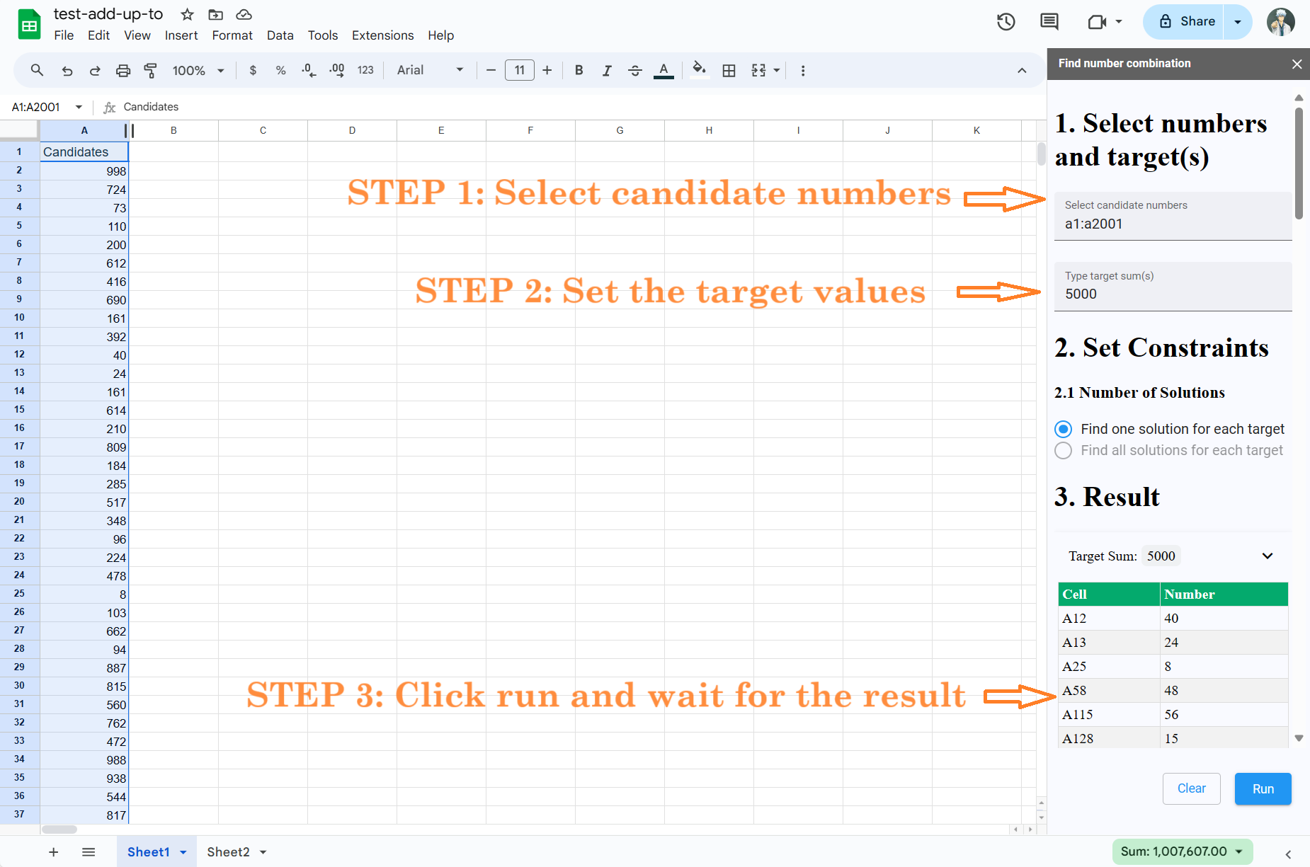 Opdrijven - Zoek nummers die oplopen tot gegeven waarden in Google Sheets media 2