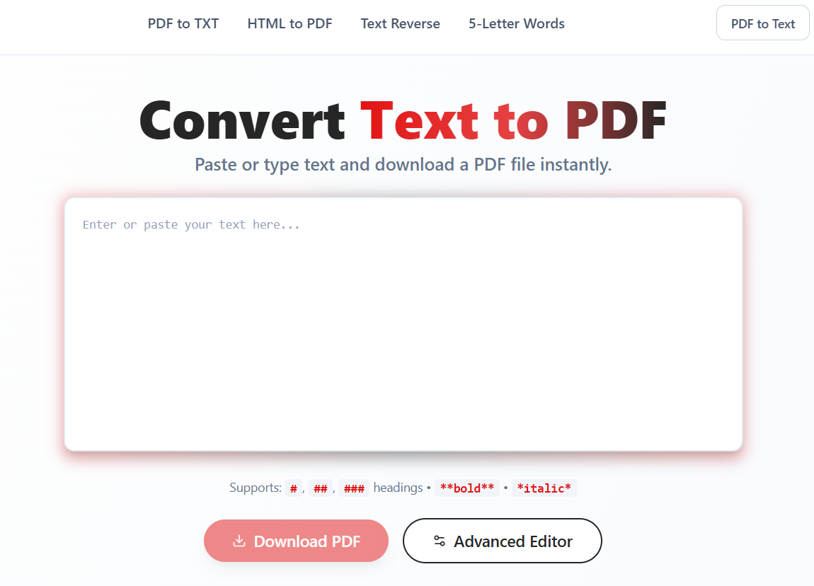 Text2PDF - Main product screenshot demonstrating key features and user interface