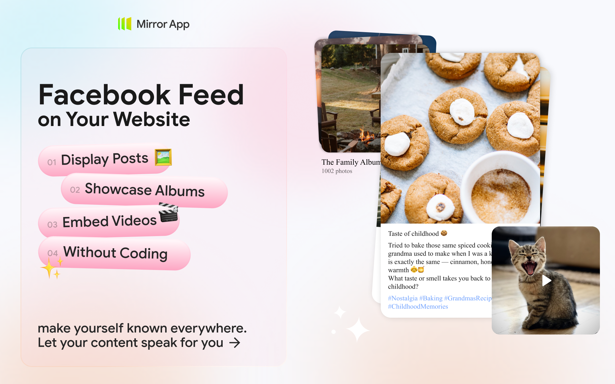 Mídia 1 de Aplicativo espelho.Widget de feed do Facebook - Traga postagens, álbuns e vídeos do Facebook para o seu site – sem código