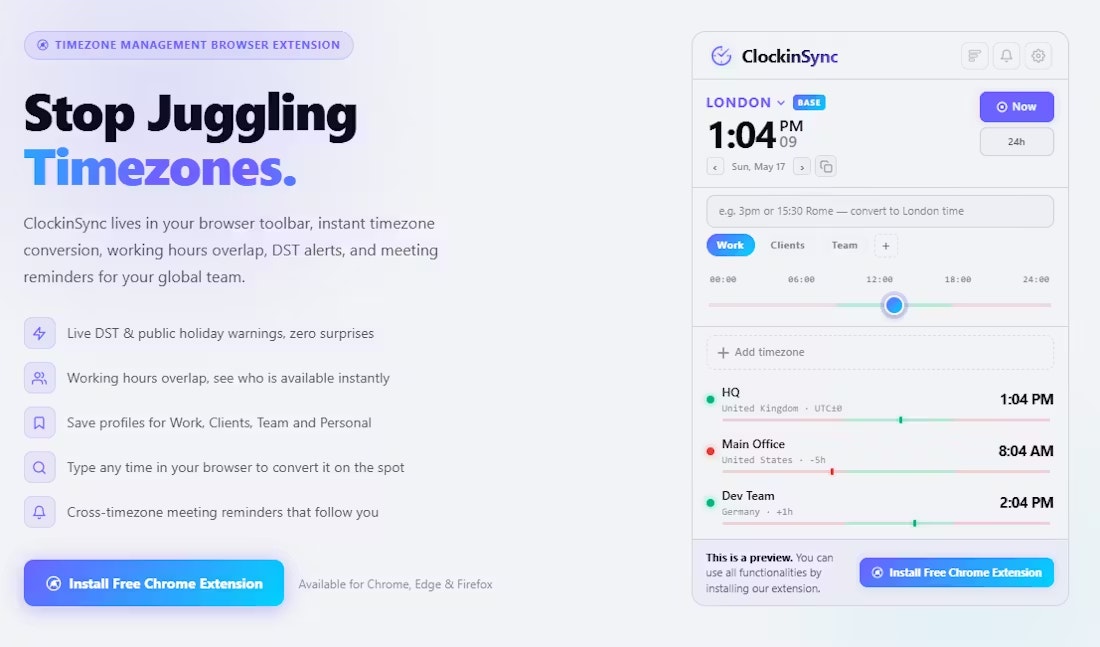 ClockinSync - Smart Timezone Extension gallery image