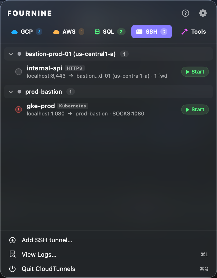 CloudTunnels-One menu bar. Every tunnel. gallery image